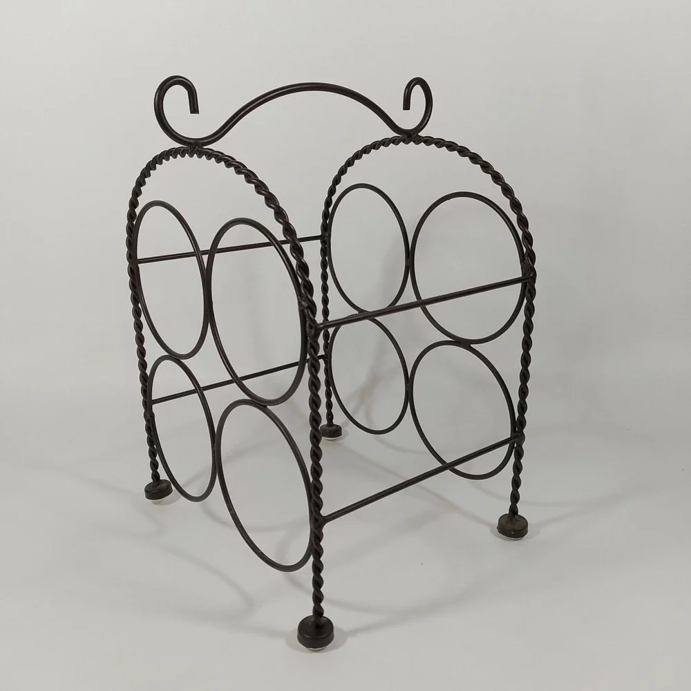 Wine Rack Wrought Iron with Scroll Design Holds 4 Bottles. Good Condition.